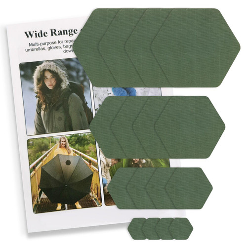 ZESION 16 Pcs Down Jacket Repair Patches - Highly Effective Repair of Nylon Fabric, Waterproof Self-Adhesive Repair Patch for Down Jackets, Tents, Raincoats, Outdoor Equipment (Army Green)