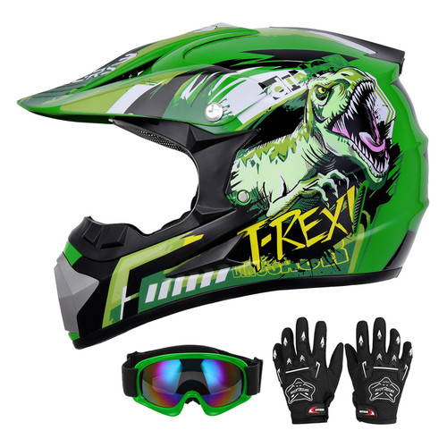 Oumurs DOT Youth Dirt Bike Helmet with Goggles & Gloves for 5-14 Years Old, Kid ATV Helmets for Youth Boys Girls, Four Wheeler Helmet, Motocross BMX MX UTV Offroad Street Go Kart Dirt Bike Dinosaur
