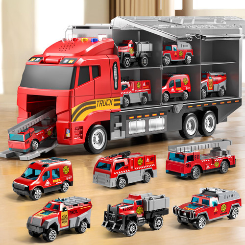 NIPLOOOW Toddler Boys Toys for 3-5 Years Old, Fire Truck Vehicle Set with Play Mat and Die-Cast Toy Car, Transport Carrier Truck for Kids 3-5, Birthday Gifts Toys for 3-8+ Year Old Boys