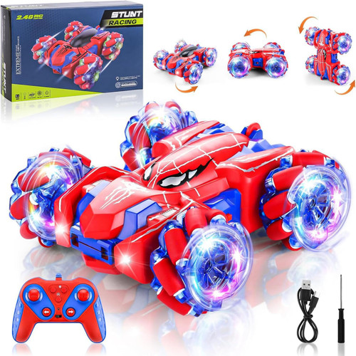 Spider Remote Control Car, Double Sided 360°Rotating USB Direct Charging RC with Cool Lights, 2.4Ghz Drift RC Stunt Vehicle, 360°Rotating 4WD Off-Road Race Car Toys for 4-12 Boy Girl Gifts (Blue)