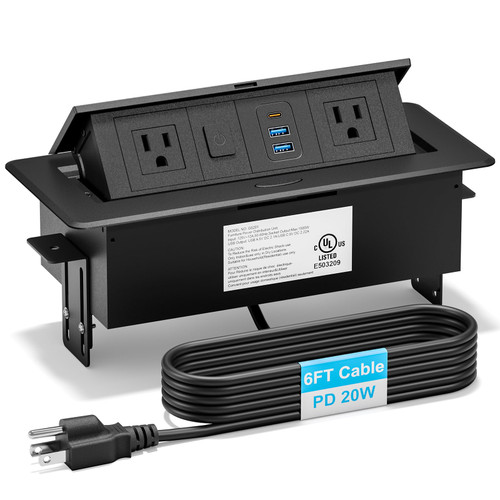 Recessed Power Strip with 2 AC, 2 USB-A, USB-C Ports, Pop Up Power Outlet with PD 20W USB C Fast Charger, Receptacle Outlet with Switch and 6FT Cord for Conference Office Countertop, UL Listed,Black