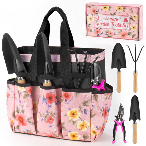LANNIU Pink Gardening Tools, Garden Tool Set for Women,5 Piece Womens Gardening Kit with Floral Garden Bag,Gifts for Wife (5-Piece Pink)