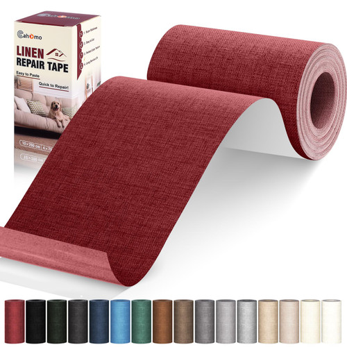 Cahomo Linen Repair Tape 4x79 inch, Self Adhesive Fabric Patches, Linen Patch Tape Kit, Fabric Repair Tape for Couch Sofas, Headboards, Chairs, Pillows, Curtains, Couches - Dark Red