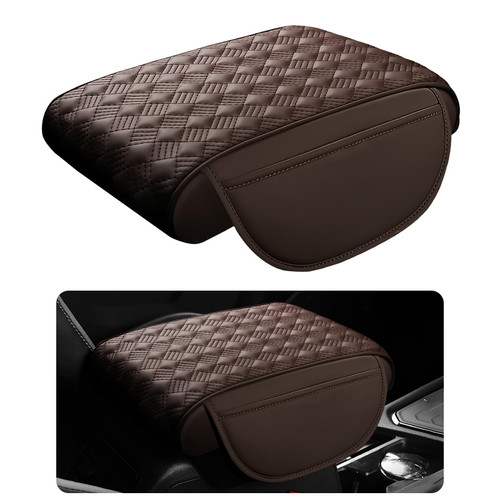 Hbxdeco Car Armrest Cushion, 12.2"×8.3" Leather Auto Memory Foam Center Console Pad with Storage Pocket, Waterproof & Anti-Scratch Elbow Pillow Armrest Seat Box Protector, Universal Fit (Coffee)