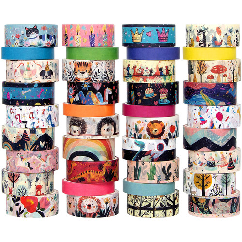 Washi Tape Set 39 Rolls - Cute Animal Colored Decorative Adhesive Tape for Kids, Masking Tape for Scrapbooking Supplies, DIY Crafts, Gift Wrapping, Junk Journal, Planners, School Supplies
