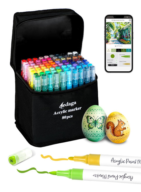 YHC 80 Colors Acrylic Paint Pens with Free App, Dual Tip Acrylic Paint Markers with Brush Tip and Fine Tip for Adults, Kids, Eggs, Wood, Rock, Canvas, Plastic, Stone, Glass, Ceramic
