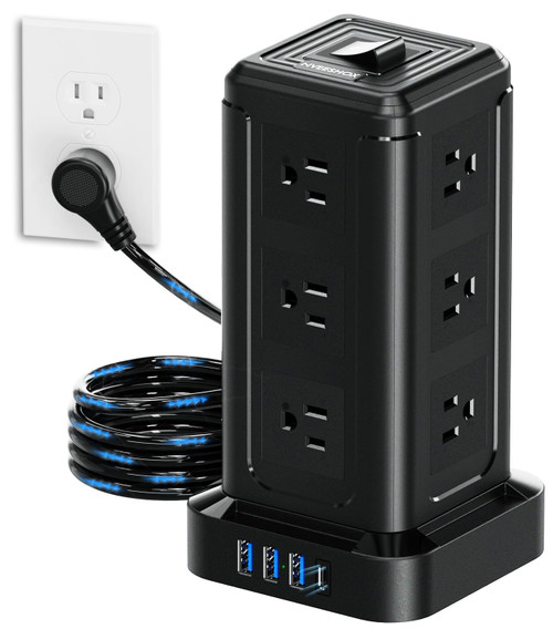 NVEESHOX Surge Protector Power Strip Tower, 10 FT Flat Plug Extension Cord with 12 AC Outlets 4 USB Ports(20W PD Type C), Charging Station with Surge Protection for Family, Office, Dorm