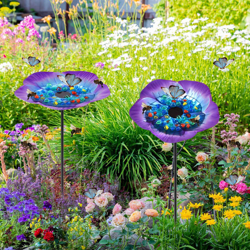 Tandefio 2 Pack Bee Watering Station Metal Butterfly Water Feeder Cup with 60 Colorful Glass Marble Vivid Flower Butterfly Bee Bath Bowl for Outdoor Garden Yard Decor(Blue Purple)