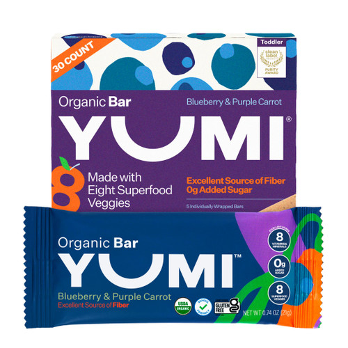 Yumi Organic Toddler Snacks Bars - Gluten-Free, No Added Sugar, 7+ Vegetables, Soft-Baked Crust Yumi Bars, Healthy Toddler Organic Snacks - School Safe and for Lunch Boxes, Blueberry & Purple Carrot (30ct.)
