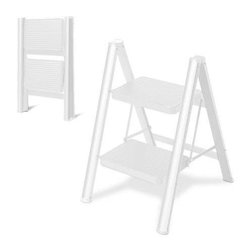 Double Elite Step Ladder 2 Step Folding, Sturdy 330 Lbs Load Step Stool for Adults, Safer Full Steel Kitchen Closet Ladder for Home, Multi-use Small Step Stool Ladder with Anti-Slip Wide Pedals, White