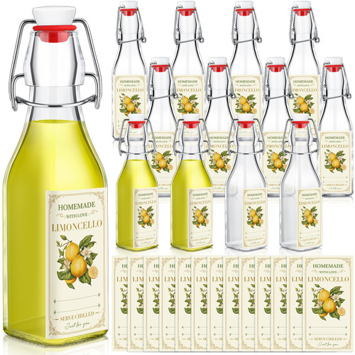 Havawish 12 Sets Limoncello Swing Top Glass Bottles for Homemade 8 oz Flip Clear Top Lemoncello Bottles with Labels Stoppers for Home Brewing Gifts Wedding Housewarming Party Favors(Square)