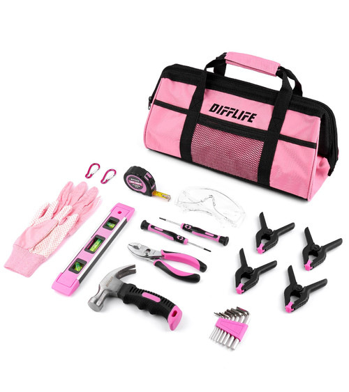 DIFFLIFE 25 Piece Pink Tool Sets Kids Real,Hand Tool Kit with Storage Bag for Boys, Girls,Children DIY Building and Woodworking, Age 8+ Tool Set-25 Piece Pink Tool Bag