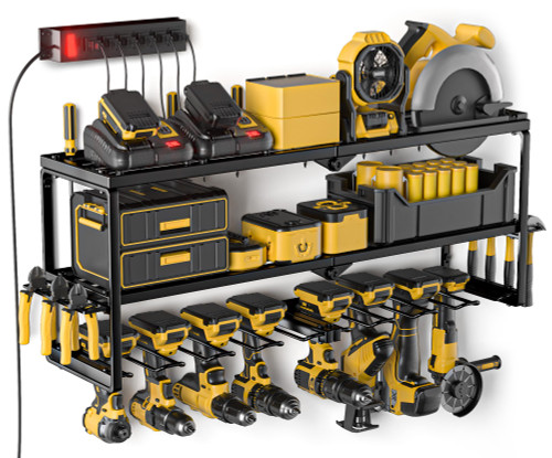 Amoowis Power Tool Organizer with Charging Station, Garage Storage Shelf with 6 Outlets Power Strip, 8 Slots for Drill Holder Wall Mount, Heavy Duty Metal Tool Holder and Storage Rack, Father's Day