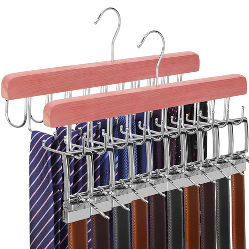 TOPIA HANGER Cedar 2 Pack 2 in 1 Belt Tie Hanger for Closet Max 60 Belts with 60 Ties Capacity, 20 Hooks Belt Tie Racks Hanger for Closet Organizer Storage Curved Fit Belt and Flat Fit Tie - CT60C