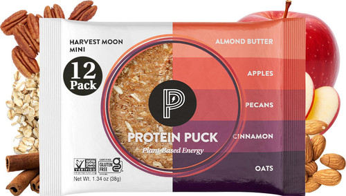 Protein Puck Vegan Plant based Protein Bar – Natural Healthy Snack Bars, 12 Count, 1.34oz Mini, Gluten Free, Dairy Free, No GMO, Kosher – Harvest Moon - Apple, Cinnamon, Pecan, Sport Nutrition