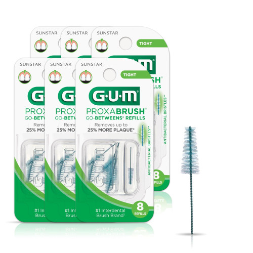 GUM Proxabrush Go-Betweens Refills - Tight - Compatible with GUM Permanent Handle -Reusable Interdental Brushes for Tight Teeth - Soft Bristled Dental Picks, 8 Count(Pack of 6)
