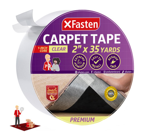 XFasten Double Sided Carpet Tape for Area Rugs On Carpet 2 Inch x 35 Yards No Residue Clear Adhesive Rug Tape Hardwood Floor No Damage Carpet Tape Double Sided Tape for Carpet Rug Tape Gripper