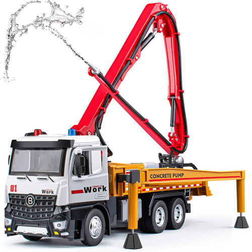 Concrete Pump Truck Toy Metal Cab, Diecast Construction Trucks with Working Water Pump, Lights and Sounds, Construction Vehicles Toys for 3 4 5 6 Years Old Boys Kids, 12.8"