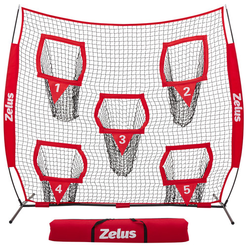 ZELUS 8 x 8ft Football Throwing Net, Quarterback Training Equipment with 5 Target Pockets, Football Practice Throwing Passing Accuracy Trainer with Carry Bag Ground Stakes for Kids Adults, Red