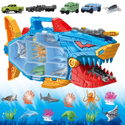 Frontoytall Shark Toy & Deep Sea Creatures Ocean Animal Toys with Truck Cars, 18 Piece Educational Playset for Kids Ages 3+ Years Old, Indoor & Outdoor Play, Preschool Learning for Boys Girls