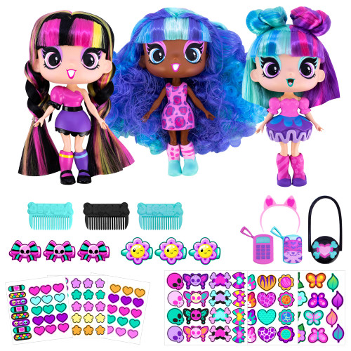 DECORA GIRLZ 5" Dolls -3 Pack C - Kat, Luna, and Heather | Fashion Dolls for Ages 4 and Up | Surprise Birthday Gift for Children | Set of Doll Clothes, Stickers, Dolls & Accessories
