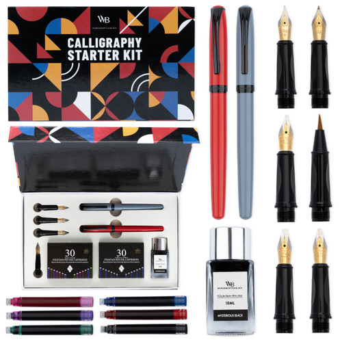 Wordsworth and Black Calligraphy Pen Set - Grey - Includes 2 Calligraphy Pens, 18 ML Ink Bottle, 60 Ink Cartridges, Ink Refill Converter, 1 Medium and 4 Broad Nibs, Brush Pen