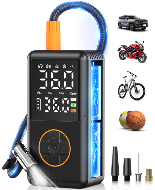 NUSTE Tire Inflator Portable Air Compressor with Upgrade Dual Screen, 150 PSI Cordless Air Pump for Car, Bicycle, Motorcycle Tires & Balls, Electric Bike Tire Pump with Pressure Gauge, LED Light