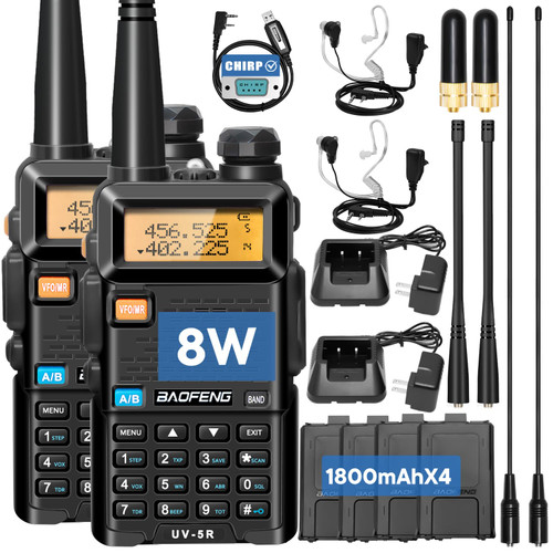BAOFENG UV-5R Ham Radios Long Range—8W Dual Band Rechargeable Walkie Talkie Portable Two-Way Radios, UV5R Handheld Radio with Four 1800mAh Li-ion Batteries (2 Pack)