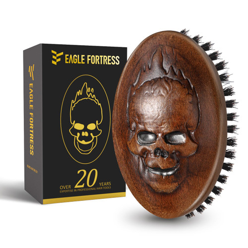 Eagle Fortress Boar Bristle Hair Brush for Men Hair Care - Beard Brush, Mustache Brush with Skull on Wooden Handle, Grooming & Styling Tool for Men, Travel Size