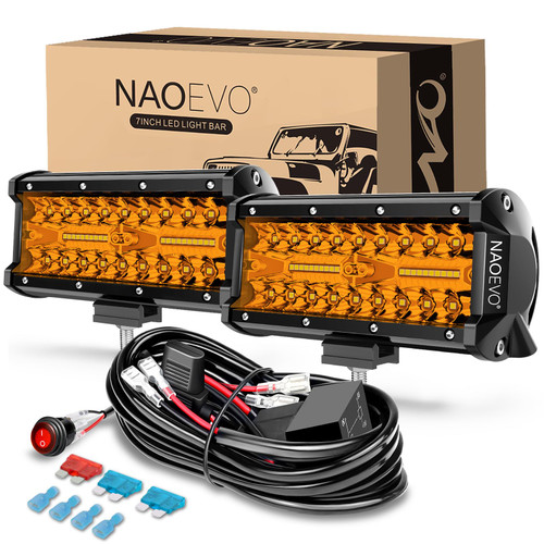 NAOEVO 7 Inch Amber LED Light Bar, 240W 24,000LM Offroad Fog/Driving Lights LED Pods with 2 Leads Wiring Harness Kit, Spot & Flood Work for Truck Boat UTV ATV, 2-Pack (Amber)