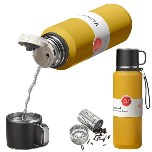 GENDLTHIJ Stainless Steel Insulated Tea Infuser Bottle, Vacuum Insulated Water Bottle, Tea Tumbler with Separate Tea Compartment, 24-Hrs Insulation Commute Travel (Yellow,50oz/1500ml)