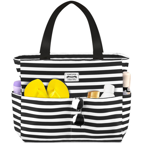 HOMESPON Large Waterproof Beach Bag for Women Sandproof Tote Bag Pool Bag with Zipper and Pockets for Travel Vacation Gym (Black Stripes)