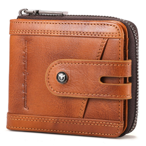 BULLCAPTAIN Genuine Leather Men's Wallet with Zipper Vintage RFID Blocking Large Capacity Wallet for Men with 14 Credit Card Slots and 1 ID Window T23 (Brown)