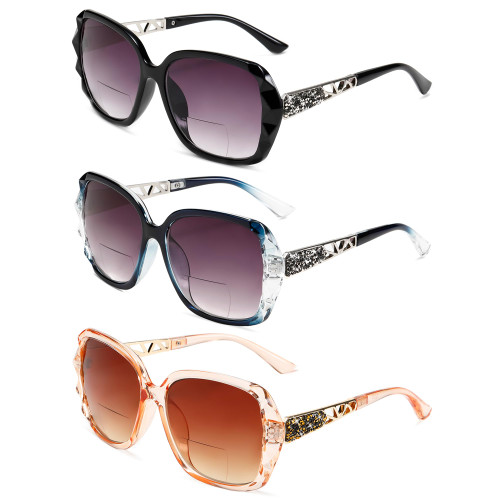 Lutonglenss Oversized Bifocal Sunglasses For Women Classic Retro Reading Sunglasses 3 Pack UV400 Sun Readers Glasses With Metal Spring +2.75