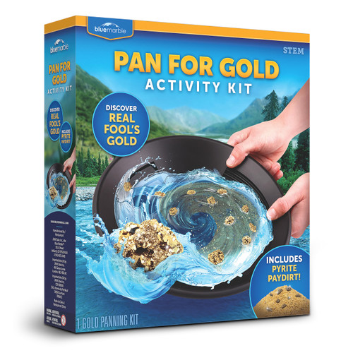 Blue Marble Gold Panning Kit for Kids - Learn to Pan for Gold, Includes Pay Dirt with Real Pyrite Specimens, Reusable Panning Pan, Vial, Tweezers & More