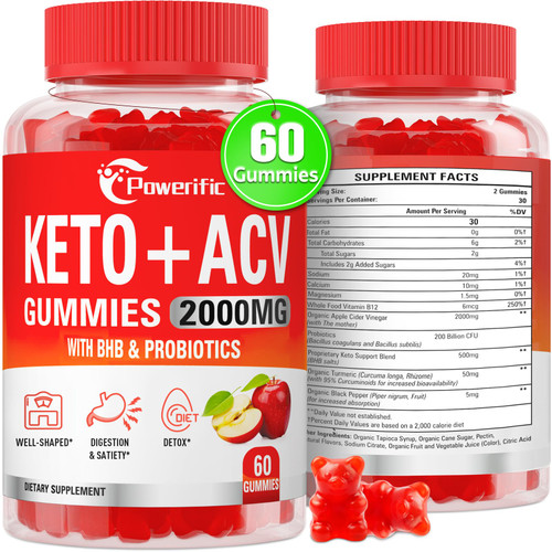 Powerific Apple Cider Vinegar Gummies, Keto ACV Gummies Max Strength 2000mg Apple Cider Vinegar with Mother, Probiotics & Vitamin B12, for Digestion, Metabolism, Cleanse & Detox Diet, 60 Count