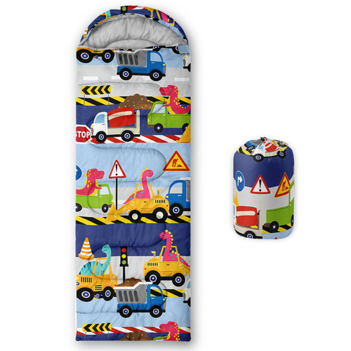 QOOMO Construction Dinosaur Printed Camping Sleeping Bags,3 Season Warm & Cool Weather,Lightweight,Waterproof Sleeping Bags for Adults & Kids,Traveling,and Outdoors,Camping Gear Equipment, 31x90inch