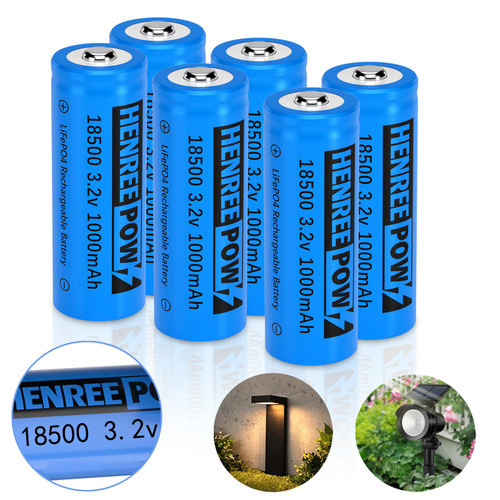 Henreepow 18500 3.2v LiFePo4 Rechargeable Battery, 3.2v LiFePo4 Rechargeable Battery 1000mAh for Outdoor Garden Solar Lights, Flashlight (18500-3.2v-6Pack)
