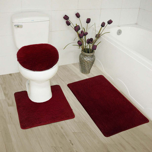 Luxury Home Collection 3 Piece Bath Rug Solid Set Non-Slip Bathroom Rug Contour, Mat and Toilet Lid Cover Burgundy