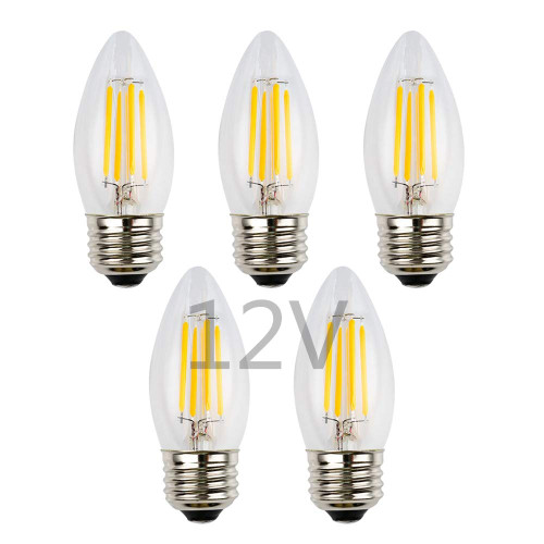OPALRAY 4W Low Voltage DC/AC 12V LED Bulb, Dimmable with DC Dimmer, E26 Medium Base, Warm White Light, Clear Glass Torpedo Tip, 400Lm 40W Incandescent Equivalent, 12V-24V DC Power Input, 5 Pack