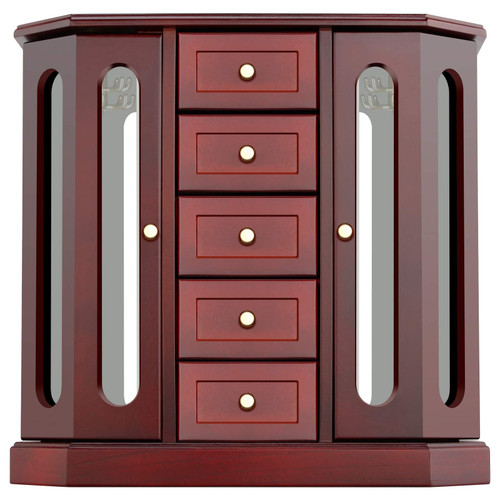 RR ROUND RICH DESIGN Jewelry Box - Made of Solid Wood with Cabinet Type 5 Drawers Organizer and 2 Separated Open Doors on 2 Sides and Large Mirror Brown