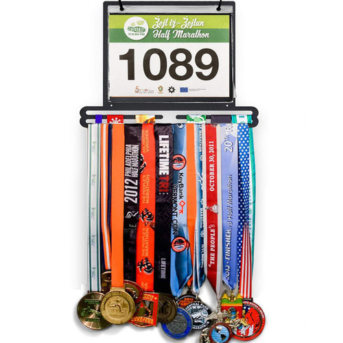Jolitac Sports Medal Awards Display Rack Wall Mounted Marathon Medals Hanger Holder for 60+ Medals 100 Runner Race Bibs 20 Bibs Flip Vinyl Sleeves (Original)