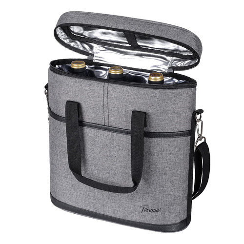 Tirrinia Insulated Wine Gift carrier - 3 Bottle Travel Wine Carry Cooler Tote Bag with Handle and Adjustable Shoulder Strap, Grey