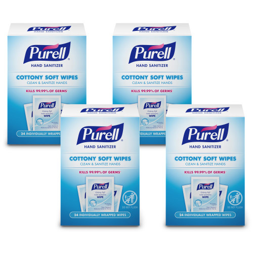 PURELL Cottony Soft Hand Sanitizing Wipes, Clean Scent, 24 Individually Wrapped Wipes (Pack of 4 Boxes) – 9029-04-CMR PURELL Cottony Soft Hand Sanitizing Wipes, Clean Scent, 24 Individually Wrapped Wipes (Pack of 4 Boxes) – 9029-04-CMR