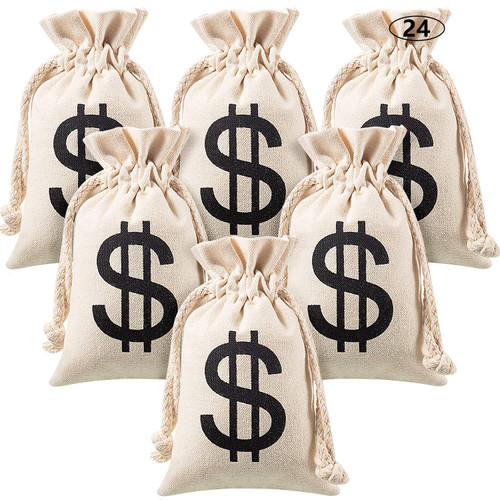 Boao 24 Piece Canvas Money Bag Pouch with Drawstring Closure and Dollar Sign Symbol Money Sacks for Toy Birthday Party Favors, Costume Props Pirate Bank Robber Cowboy Cosplay, 4.2 x 7.2 Inches