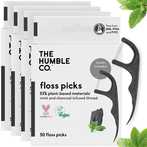 The Humble Co. Floss Picks (200 Count) – Plant Based Dental Floss Picks for Superior Oral Care, Dental Hygiene, and Gum Health, Cruelty Free Tooth Floss Picks (Charcoal, Double Thread) The Humble Co. Floss Picks (200 Count) – Plant Based Dental Floss Picks for Superior Oral Care, Dental Hygiene, and Gum Health, Cruelty Free Tooth Floss Picks (Charcoal, Double Thread)