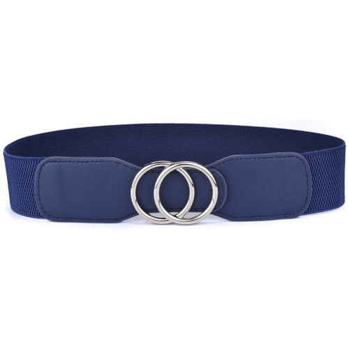 Beltox Women’s Elastic Stretch Wide Waist Belts w Double Rings Gold/Silver Buckle (Blue w Silver Buckle, M-XL(33-41 inch stretch range))