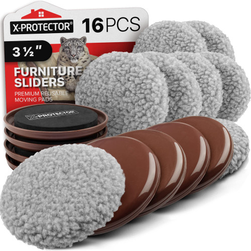 Furniture Sliders X-PROTECTOR - 8+8 Pack 3 1/2” - Multi-Surface Furniture Sliders for Carpet & Hard Floors - 8 Furniture Movers for Carpeted Floors and 8 Hardwood Socks - Move Your Furniture Easily!