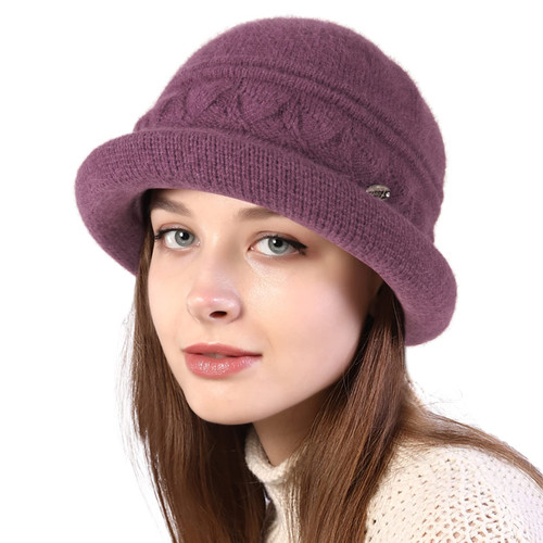 Women Winter Knit 1920s Vintage Style Beanie Cloche Church Gatsby Bucket Hat Round Hat Purple