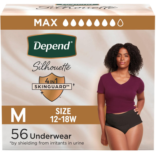 Depend Silhouette Adult Diapers, Incontinence & Postpartum Bladder Leak Underwear for Women, Maximum Absorbency, Medium, Black, 56 Count (2 Packs of 28), Packaging May Vary